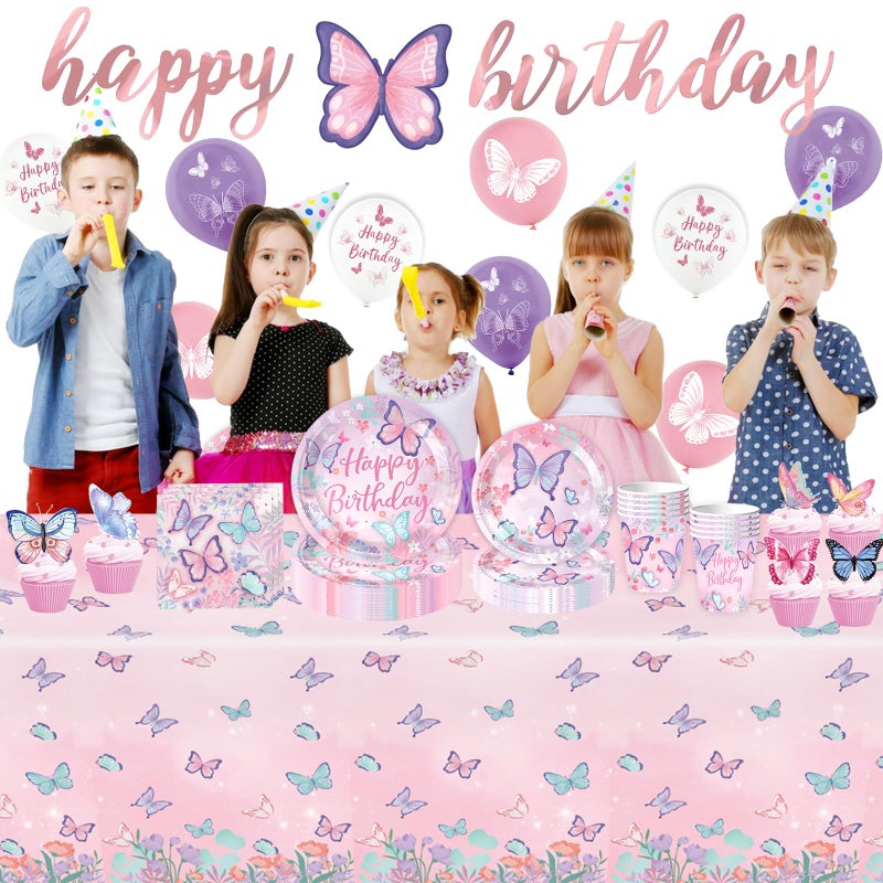 Bolake Butterfly Birthday Party Supplies Decorations Tableware Set Serves 25 Butterfly Disposable Paper Plates Napkins, Cups, Cake Toppers Tablecloth, Banner, and Balloons for Butterfly Decorations - Image 4